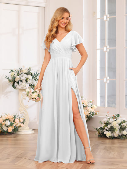 Forme Princesse Col en V Longue Robes de soirée de mariage avec Côté fendu et poches