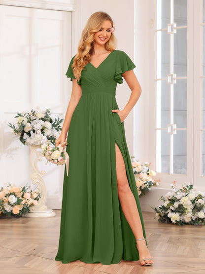 Forme Princesse Col en V Longue Robes de soirée de mariage avec Côté fendu et poches