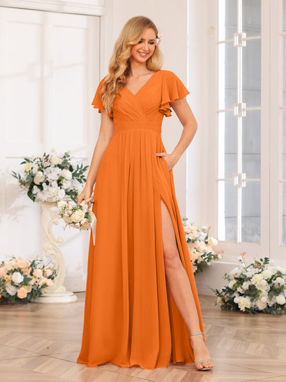 Forme Princesse Col en V Longue Robes de soirée de mariage avec Côté fendu et poches