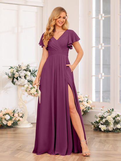 Forme Princesse Col en V Longue Robes de soirée de mariage avec Côté fendu et poches