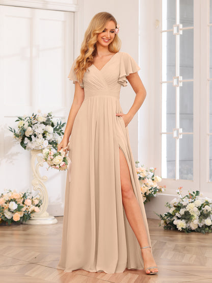 Forme Princesse Col en V Longue Robes de soirée de mariage avec Côté fendu et poches