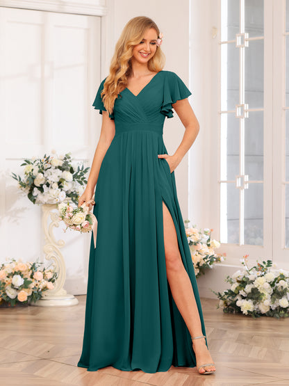 Forme Princesse Col en V Longue Robes de soirée de mariage avec Côté fendu et poches