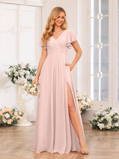 Forme Princesse Col en V Longue Robes de soirée de mariage avec Côté fendu et poches