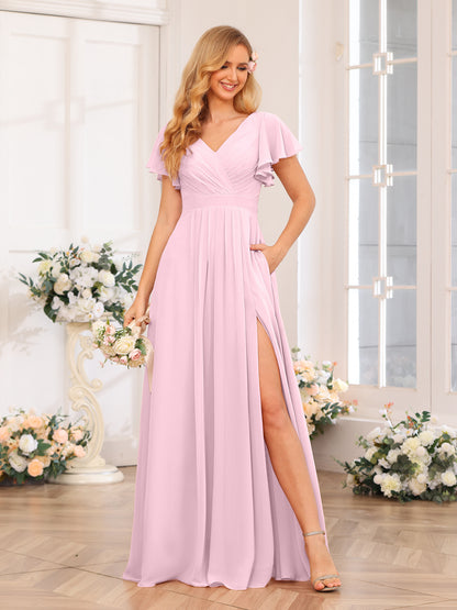 Forme Princesse Col en V Longue Robes de soirée de mariage avec Côté fendu et poches