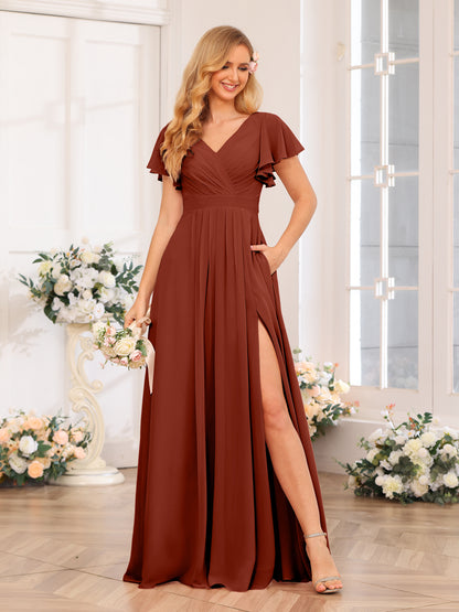 Forme Princesse Col en V Longue Robes de soirée de mariage avec Côté fendu et poches