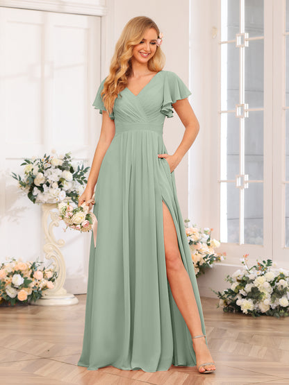 Forme Princesse Col en V Longue Robes de soirée de mariage avec Côté fendu et poches