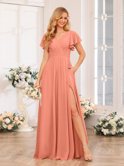 Forme Princesse Col en V Longue Robes de soirée de mariage avec Côté fendu et poches