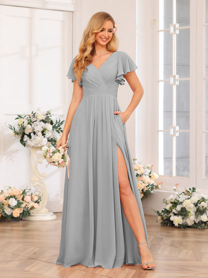 Forme Princesse Col en V Longue Robes de soirée de mariage avec Côté fendu et poches
