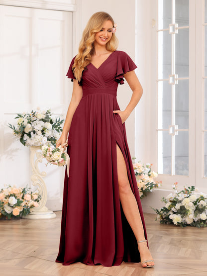 Forme Princesse Col en V Longue Robes de soirée de mariage avec Côté fendu et poches
