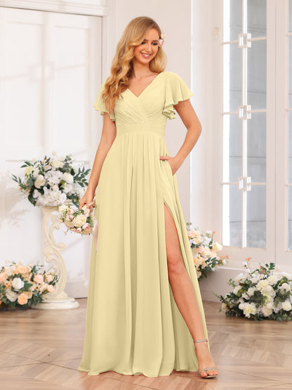 Forme Princesse Col en V Longue Robes de soirée de mariage avec Côté fendu et poches