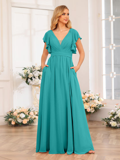 Forme Princesse Col en V Longue Robes de soirée de mariage avec Côté fendu et poches