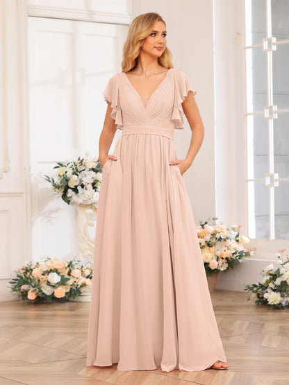 Forme Princesse Col en V Longue Robes de soirée de mariage avec Côté fendu et poches