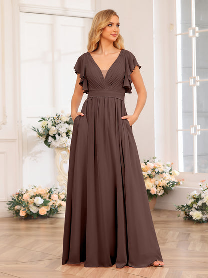 Forme Princesse Col en V Longue Robes de soirée de mariage avec Côté fendu et poches