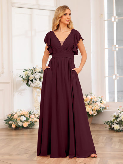 Forme Princesse Col en V Longue Robes de soirée de mariage avec Côté fendu et poches