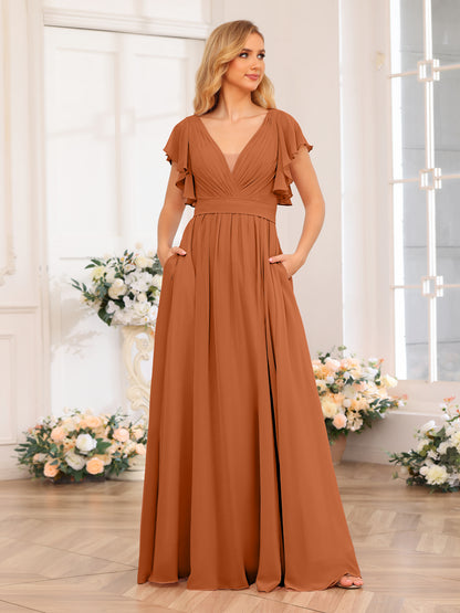 Forme Princesse Col en V Longue Robes de soirée de mariage avec Côté fendu et poches