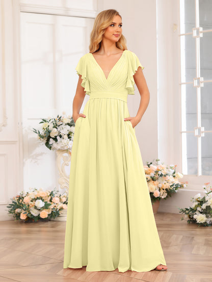 Forme Princesse Col en V Longue Robes de soirée de mariage avec Côté fendu et poches