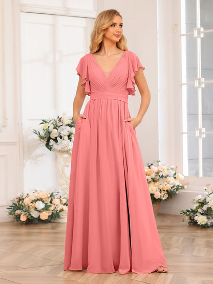 Forme Princesse Col en V Longue Robes de soirée de mariage avec Côté fendu et poches
