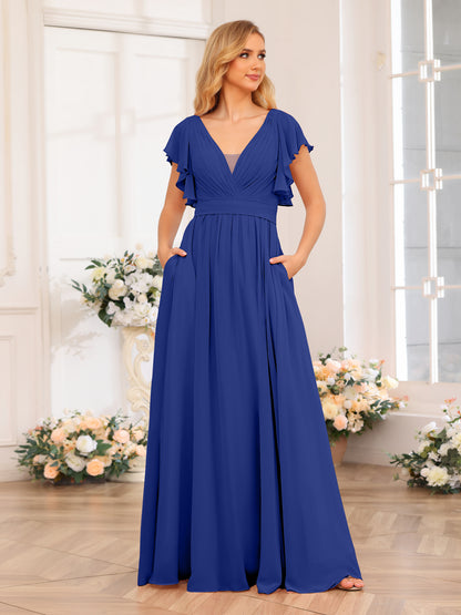 Forme Princesse Col en V Longue Robes de soirée de mariage avec Côté fendu et poches