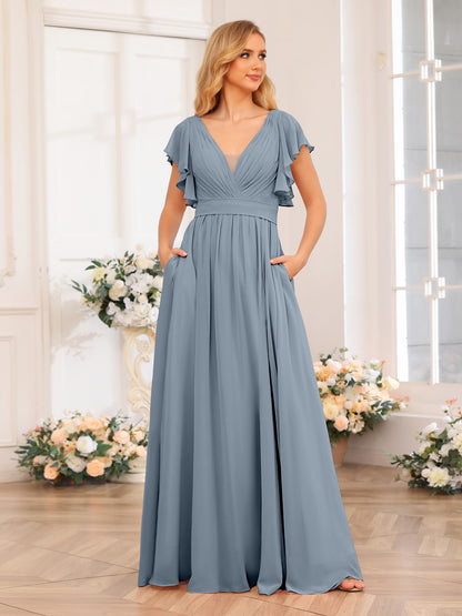 Forme Princesse Col en V Longue Robes de soirée de mariage avec Côté fendu et poches