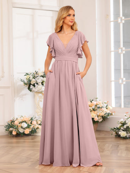 Forme Princesse Col en V Longue Robes de soirée de mariage avec Côté fendu et poches