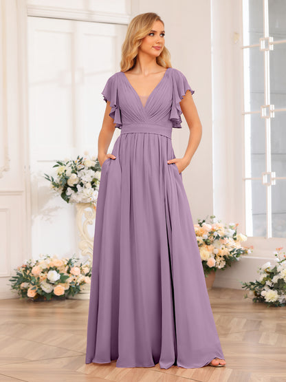 Forme Princesse Col en V Longue Robes de soirée de mariage avec Côté fendu et poches