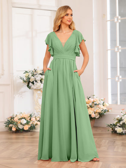 Forme Princesse Col en V Longue Robes de soirée de mariage avec Côté fendu et poches
