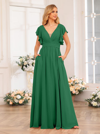 Forme Princesse Col en V Longue Robes de soirée de mariage avec Côté fendu et poches