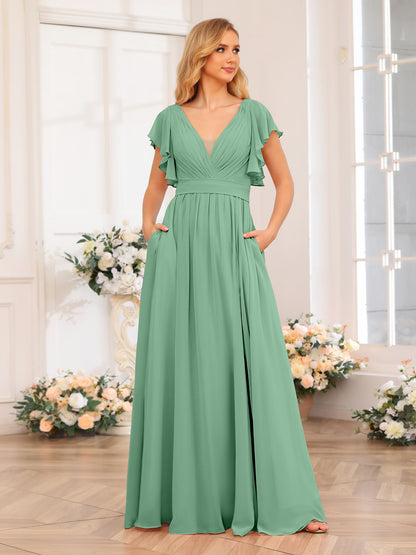 Forme Princesse Col en V Longue Robes de soirée de mariage avec Côté fendu et poches