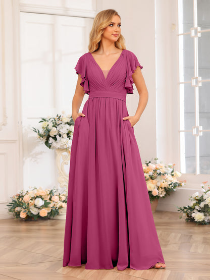 Forme Princesse Col en V Longue Robes de soirée de mariage avec Côté fendu et poches
