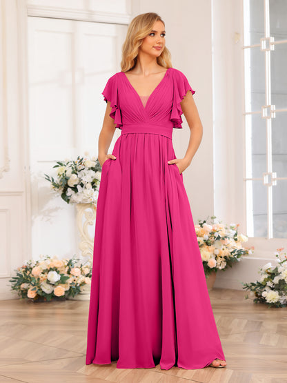 Forme Princesse Col en V Longue Robes de soirée de mariage avec Côté fendu et poches