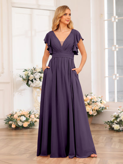 Forme Princesse Col en V Longue Robes de soirée de mariage avec Côté fendu et poches