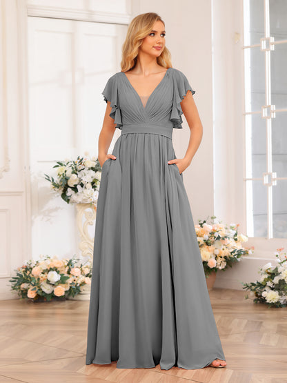 Forme Princesse Col en V Longue Robes de soirée de mariage avec Côté fendu et poches