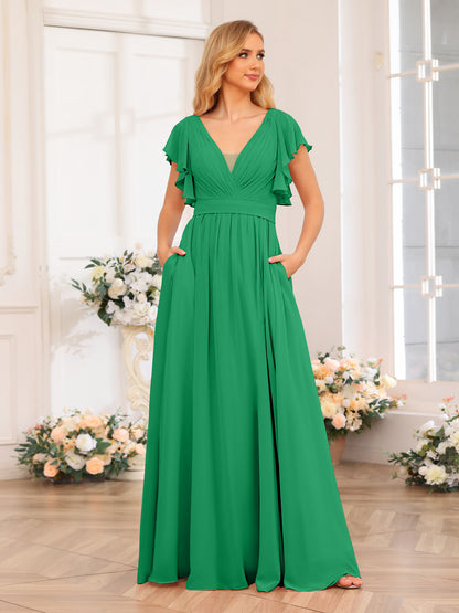 Forme Princesse Col en V Longue Robes de soirée de mariage avec Côté fendu et poches