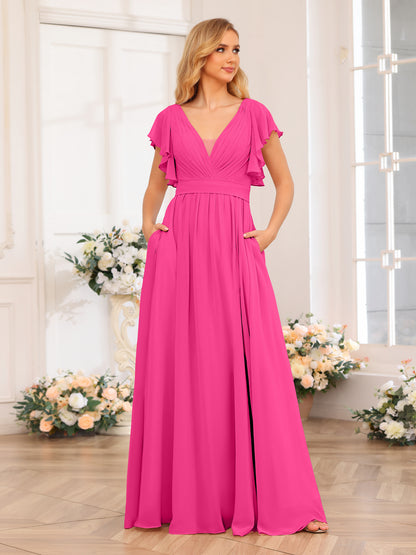 Forme Princesse Col en V Longue Robes de soirée de mariage avec Côté fendu et poches
