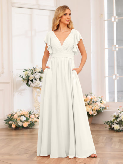 Forme Princesse Col en V Longue Robes de soirée de mariage avec Côté fendu et poches