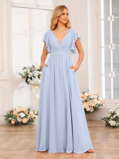 Forme Princesse Col en V Longue Robes de soirée de mariage avec Côté fendu et poches