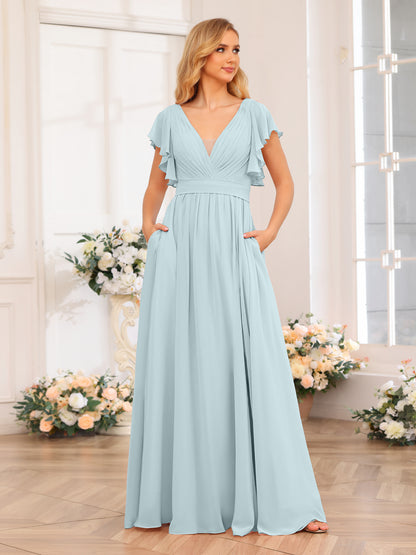 Forme Princesse Col en V Longue Robes de soirée de mariage avec Côté fendu et poches