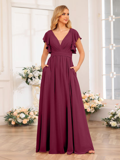 Forme Princesse Col en V Longue Robes de soirée de mariage avec Côté fendu et poches