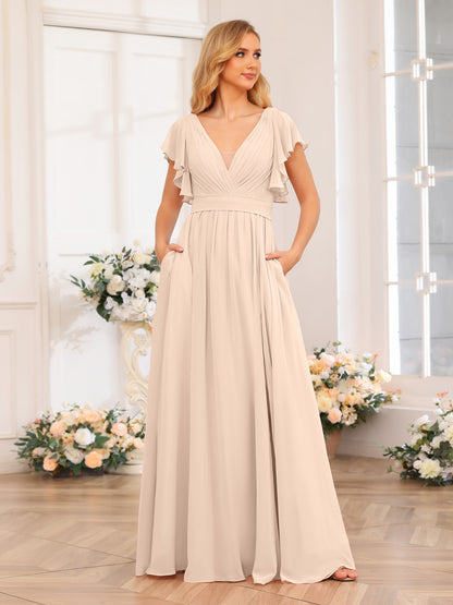Forme Princesse Col en V Longue Robes de soirée de mariage avec Côté fendu et poches