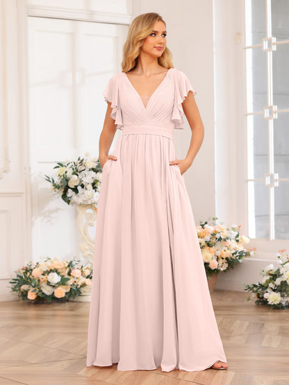 Forme Princesse Col en V Longue Robes de soirée de mariage avec Côté fendu et poches