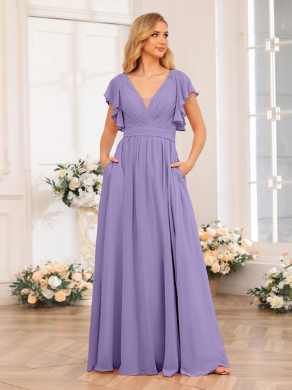 Forme Princesse Col en V Longue Robes de soirée de mariage avec Côté fendu et poches