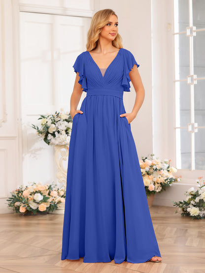 Forme Princesse Col en V Longue Robes de soirée de mariage avec Côté fendu et poches