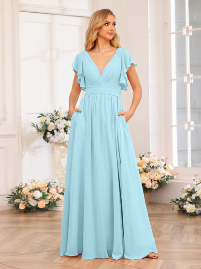 Forme Princesse Col en V Longue Robes de soirée de mariage avec Côté fendu et poches