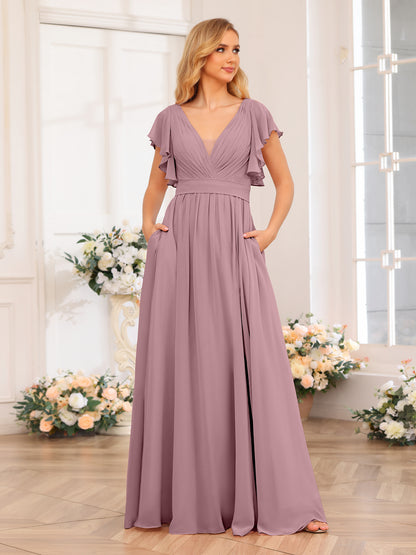 Forme Princesse Col en V Longue Robes de soirée de mariage avec Côté fendu et poches