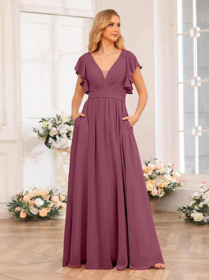 Forme Princesse Col en V Longue Robes de soirée de mariage avec Côté fendu et poches