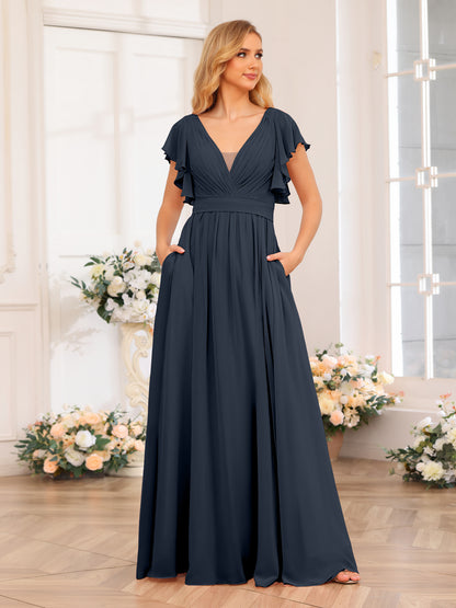 Forme Princesse Col en V Longue Robes de soirée de mariage avec Côté fendu et poches