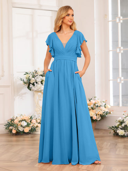 Forme Princesse Col en V Longue Robes de soirée de mariage avec Côté fendu et poches