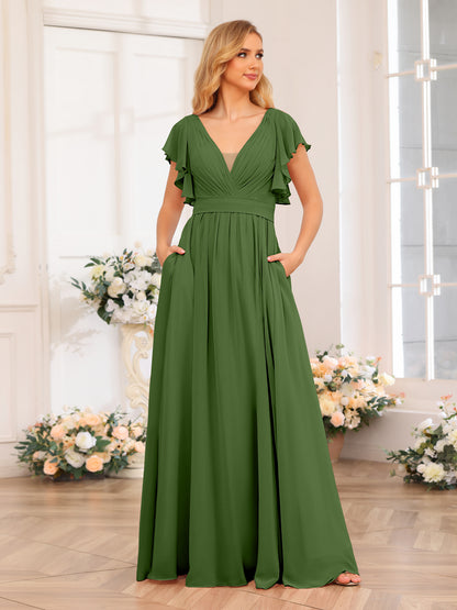 Forme Princesse Col en V Longue Robes de soirée de mariage avec Côté fendu et poches