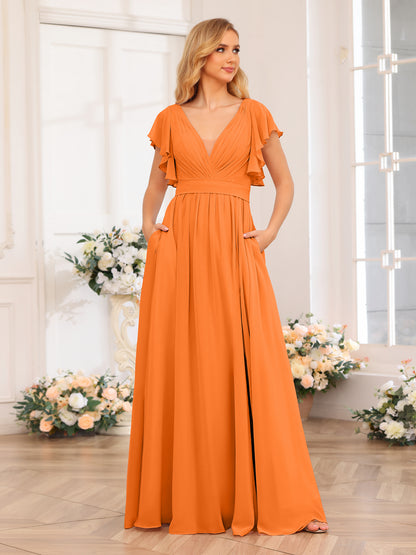 Forme Princesse Col en V Longue Robes de soirée de mariage avec Côté fendu et poches