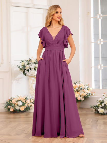 Forme Princesse Col en V Longue Robes de soirée de mariage avec Côté fendu et poches